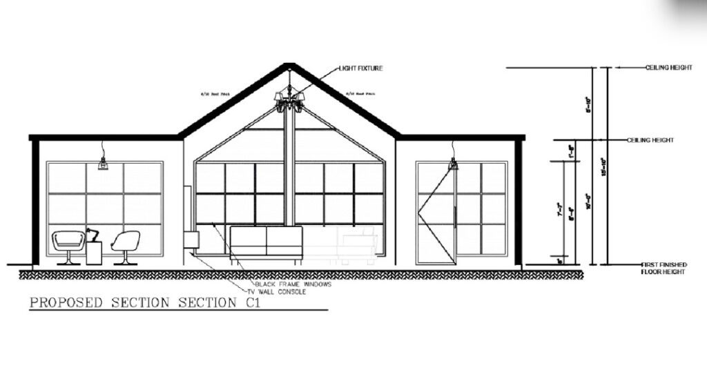 Home Section C1 architectural drawing: Proposed section showing room dimensions, windows, and lighting.
