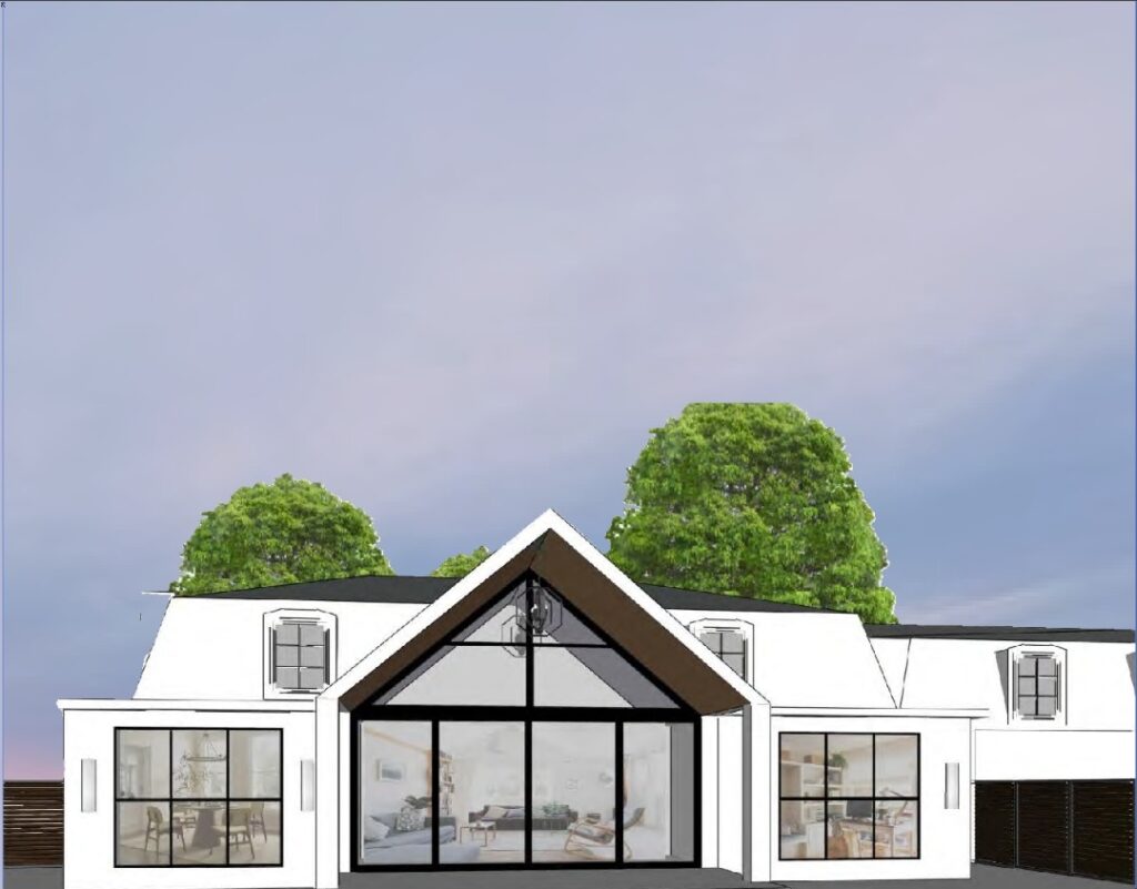 Modern farmhouse home exterior rendering.