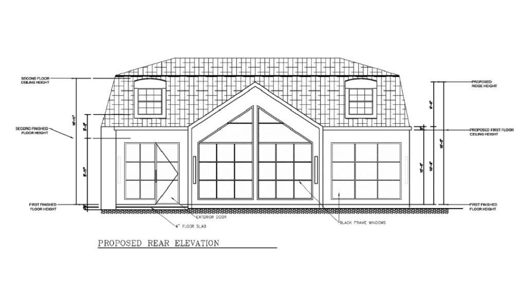 Proposed home rear elevation drawing with dimensions.