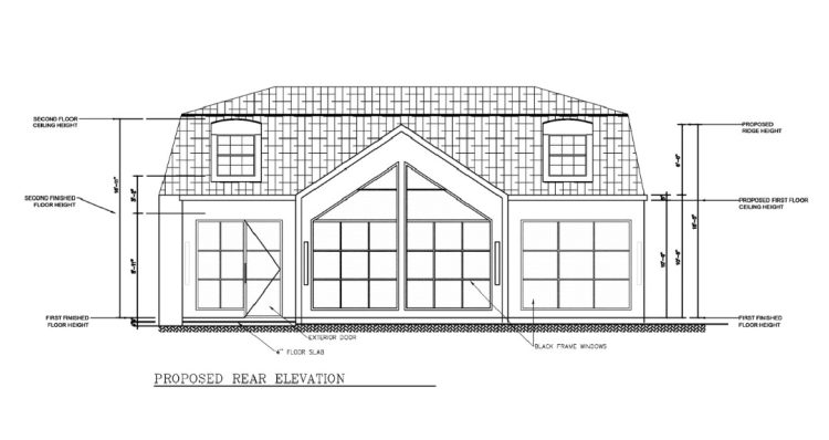 Proposed home rear elevation drawing with dimensions.